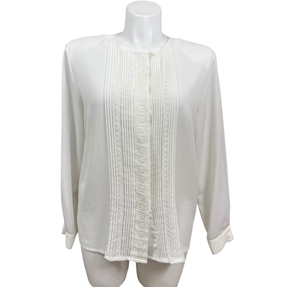 Jordan Ivory Lace Pleated Blouse Size L Vintage Long Sleeve